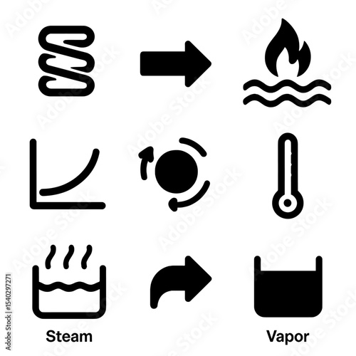 Energy Transformation Icons. Solid, filled icons set of energy transformation in heating water: thermal coil,
