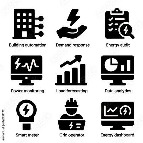 Energy Management Icons. Solid, filled icons set of energy management systems: building automation, demand