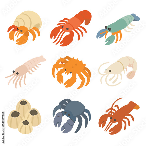 Crustacean Icon Grid. Isometric Flat icon set of crustaceans: hermit crab, lobster, mantis shrimp, krill, king crab, ghost shrimp,