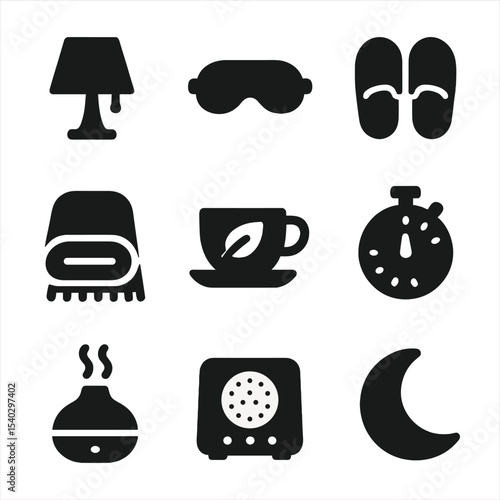 Evening Routine Icons. Solid, filled icons set of evening wind-down routines: dim lamp, eye mask, slipper pair