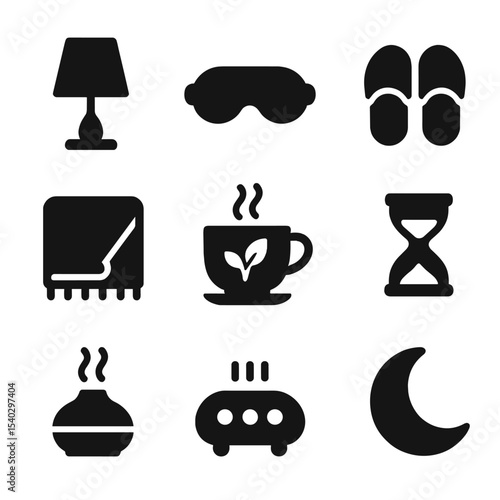Evening Routine Icons. Solid, filled icons set of evening wind-down routines: dim lamp, eye mask, slipper pair