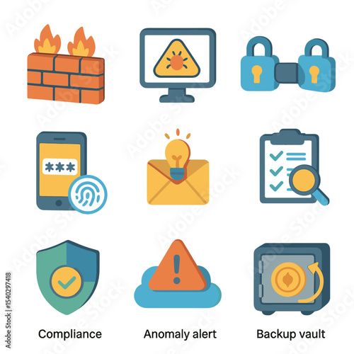 Cybersecurity Icon Set. Isometric Flat icon set of cybersecurity in trade: firewall gateway, intrusion detection, encrypted tunnel