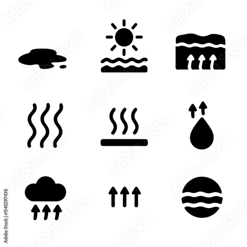 Evaporation Icon Set. Solid, filled icons set of evaporation in nature: puddle drying, sun over water,
