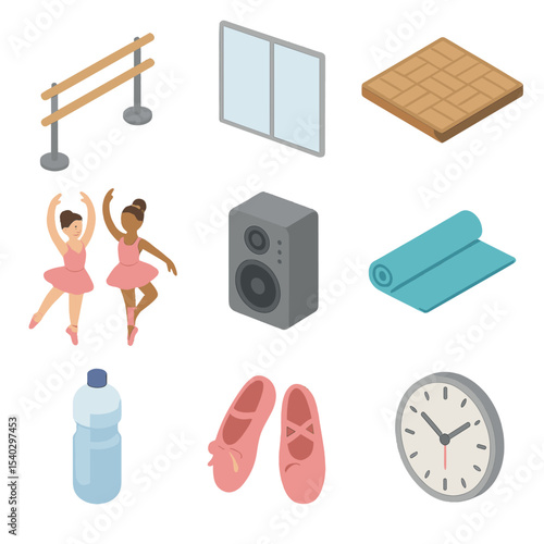 Dance Studio Icons. Isometric Flat icon set of dance studio: ballet barre, mirror wall, dance floor, dancers, music speaker, yoga