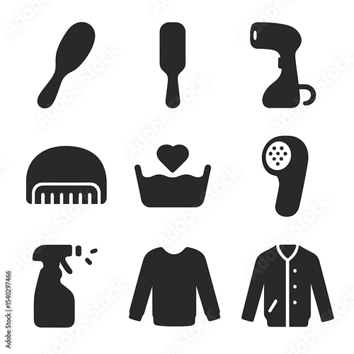 Fabric Care Icons. Solid, filled icons set of fabric maintenance: fabric brush, lint brush, garment steamer,