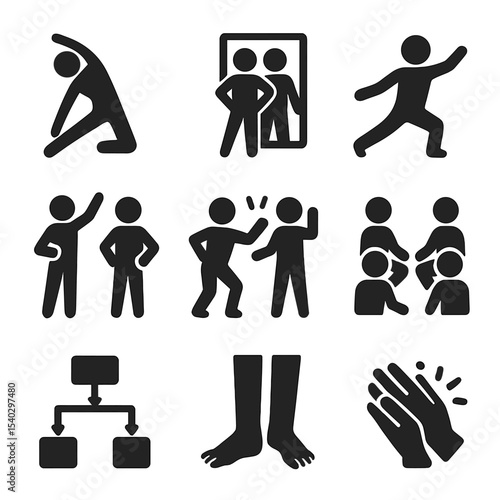 Expressive Movement Icons. Solid, filled icons set of expressive movement workshops: stretching pose, mirror