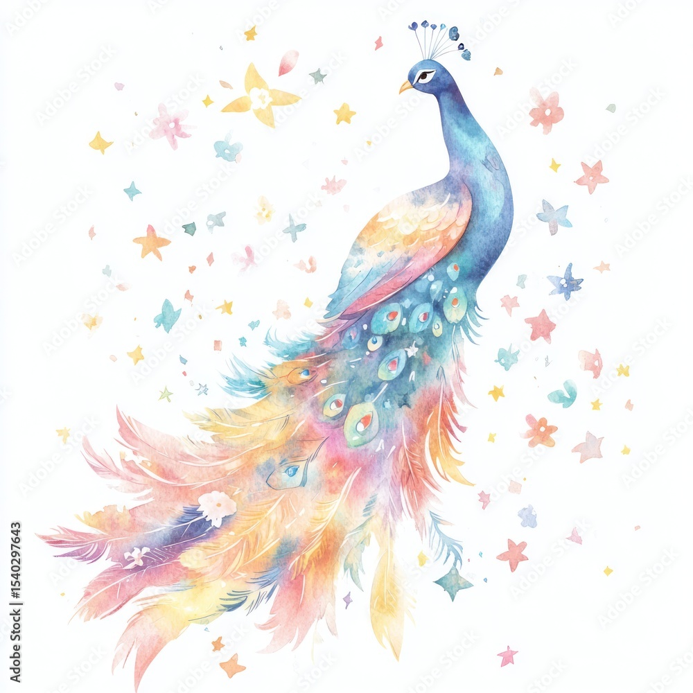 Obraz premium Watercolor peacock surrounded by stars and flowers