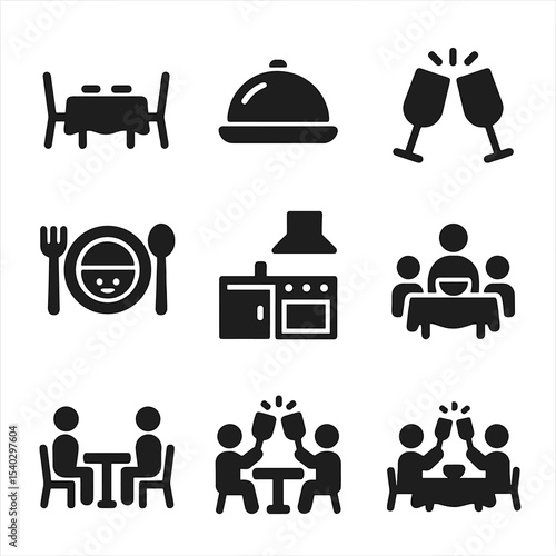 Family Dinner Icons. Solid, filled icons set of family dinner time: dining table, food platter, clinking