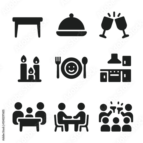 Family Dinner Icons. Solid, filled icons set of family dinner time: dining table, food platter, clinking