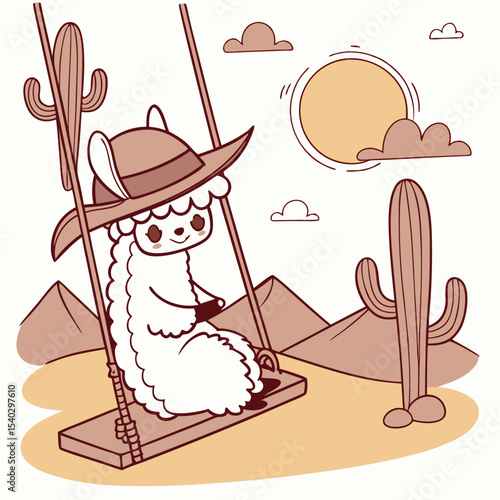 Whimsical Alpaca feeling Grumpy in a Desert sunset setting with on a cloud swing – colored in Sundown Glow