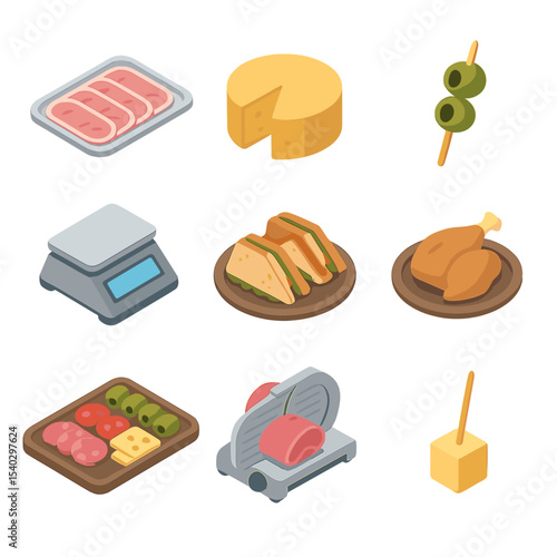 Deli Counter Icons. Isometric Flat icon set of deli counter promotions: sliced ham tray, cheese wheel wedge, olive skewer, deli