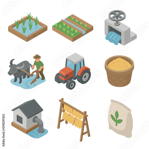 Delta Agriculture Icons. Isometric Flat icon set of delta agriculture systems: rice paddy field, irrigation canal, floodgate valve