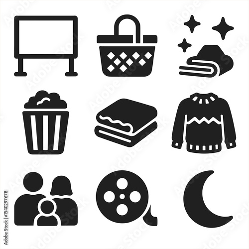 Family Movie Night Icons. Solid, filled icons set of outdoor family movie events: large screen, picnic basket,