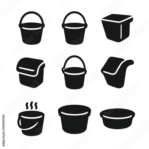 Feed Bucket Icons. Solid, filled icons set of feed bucket types: plastic bucket, metal bucket, corner feeder,