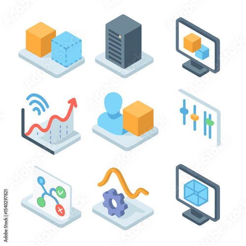 Digital Twin Icons. Isometric Flat icon set of digital twin and simulation: digital twin model, simulation server, CAD model, real