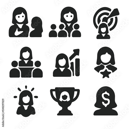 Female Role Model Icons. Solid, filled icons set of female role models in business: female mentor, group