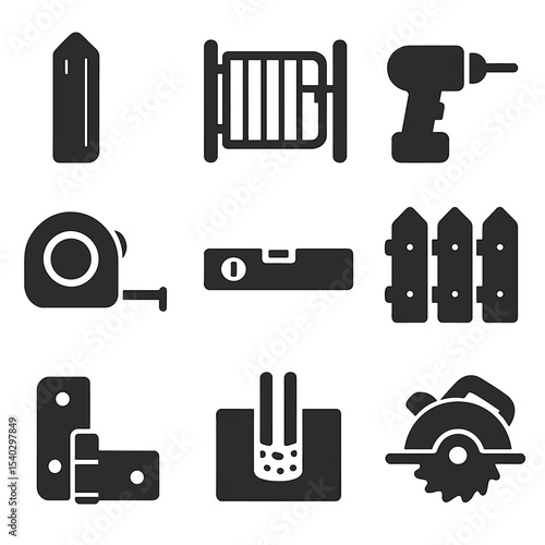 Fencing Tools Icons. Solid, filled icons set of fencers installing fences and gates: wooden post, metal gate,