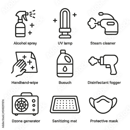 Disinfection Methods Icons. Outline icon set of disinfecting methods: alcohol spray, UV lamp, steam cleaner, antibacterial wipe,
