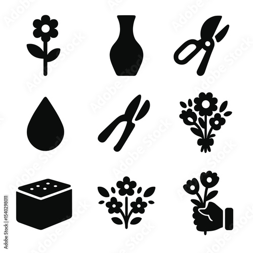 Flower Arrangement Icons. Solid, filled icons set of arranging flowers in a vase: flower stem, ceramic vase,