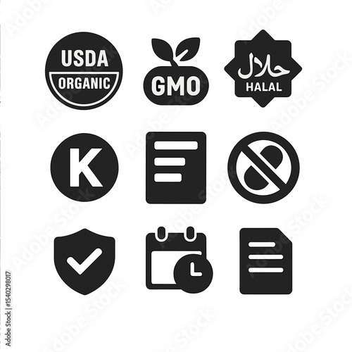 Food Certification Icons. Solid, filled icons set of food product certifications: USDA label, non-GMO stamp,
