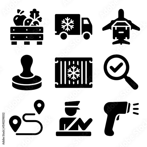 Food Logistics Icons. Solid, filled icons set of food import-export logistics: pallet of produce, cold chain
