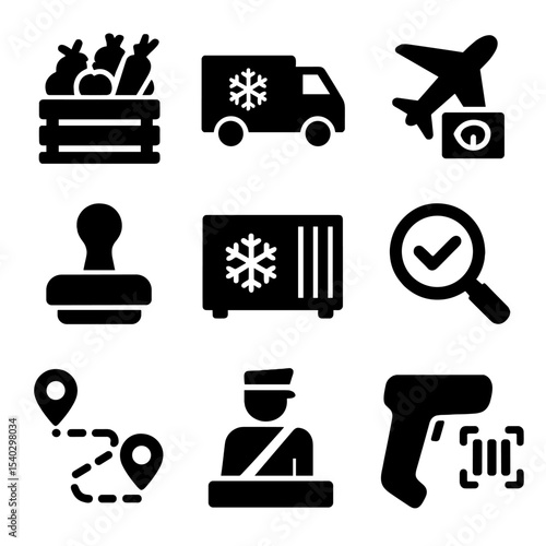 Food Logistics Icons. Solid, filled icons set of food import-export logistics: pallet of produce, cold chain