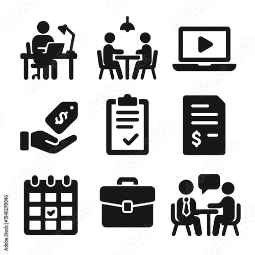Freelancing Essentials Icons. Solid, filled icons set of freelancing and self-employment: freelancer desk,