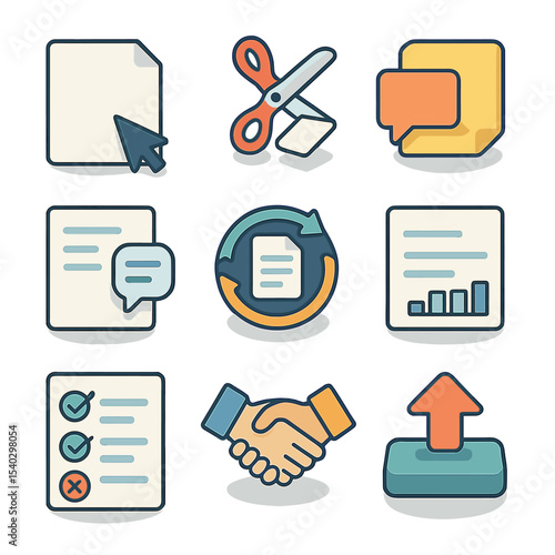 Drafting Workflow Icons. Isometric Flat icon set of drafting and revising workflow: blank page cursor, cut-and-paste scissors,