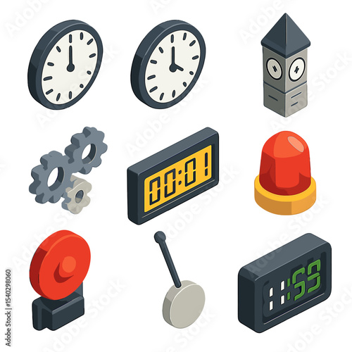 Doomsday Clock Icons. Isometric Flat icon set of Doomsday clock motifs: clock face near midnight, ticking minute hand, gear