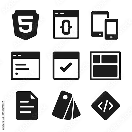 Frontend Development Icons. Solid, filled icons set of frontend web development: HTML5 badge, CSS3 icon,
