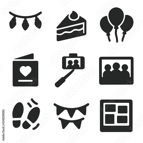 Friendship Celebration Icons. Solid, filled icons set of friendship celebrations and events: party lights,