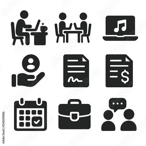 Freelancing Essentials Icons. Solid, filled icons set of freelancing and self-employment: freelancer desk,