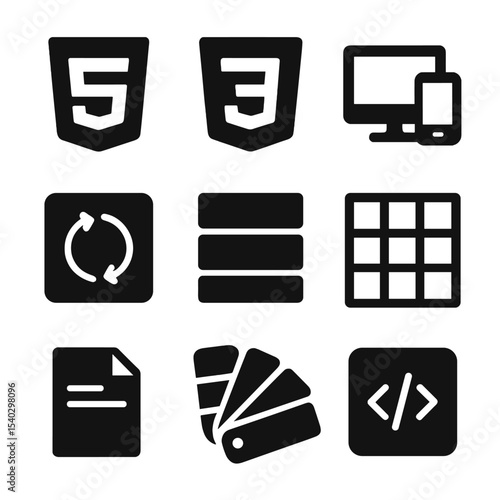 Frontend Development Icons. Solid, filled icons set of frontend web development: HTML5 badge, CSS3 icon,