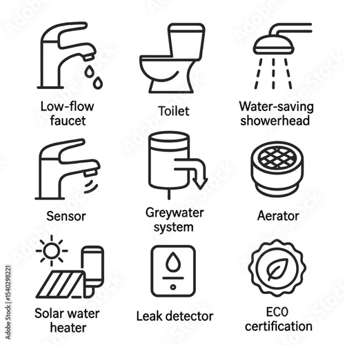Eco Bathroom Icons. Outline icon set of eco-friendly bathroom fixtures: low-flow faucet, dual-flush toilet, water-saving