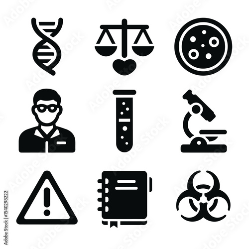 Genetic Cloning Icons. Solid, filled icons set of genetic cloning controversies: DNA helix, ethical icon,