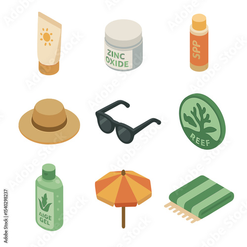 Eco Sun Protection Icons. Isometric Flat icon set of eco-friendly sun protection: mineral sunscreen tube, zinc oxide jar, SPF lip