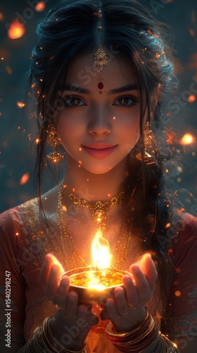 Indian Woman Holds Glowing Oil Lamp Offering Light and Blessings for Festival