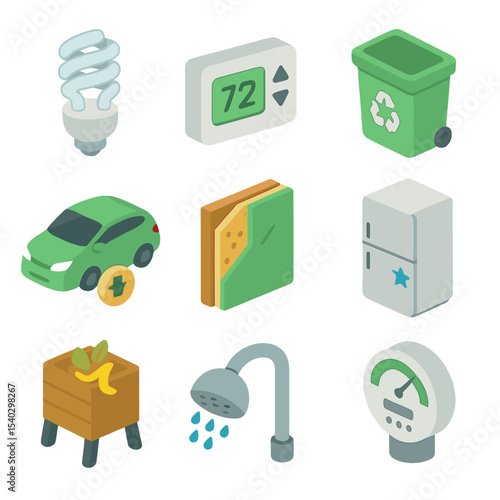 Eco-Friendly Icons. Isometric Flat icon set of household carbon footprint reduction: energy-saving light bulb, programmable