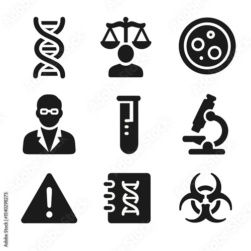 Genetic Cloning Icons. Solid, filled icons set of genetic cloning controversies: DNA helix, ethical icon,