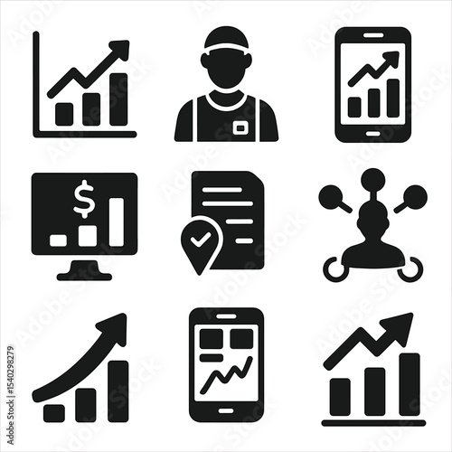 Gig Economy Icons. Solid, filled icons set of gig economy growth indicators: upward graph, gig worker icon,