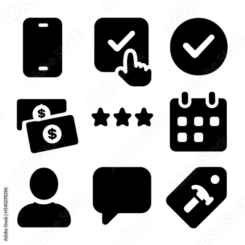Gig Economy Icon Set. Solid, filled icons set of gig economy platforms: smartphone app, job request icon, task