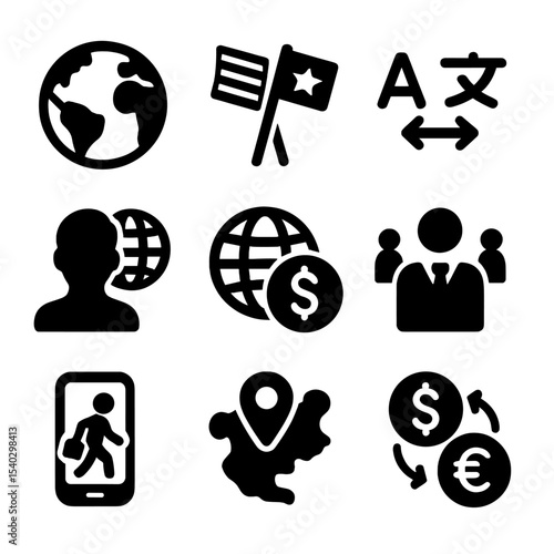 Global Gig Icons. Solid, filled icons set of global gig economy trends: globe icon, country flags, language