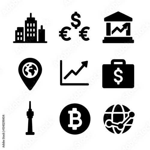 Global Finance Icons. Solid, filled icons set of global financial hubs: skyscraper skyline, currency symbols,
