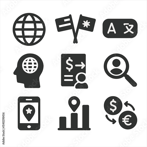Global Gig Icons. Solid, filled icons set of global gig economy trends: globe icon, country flags, language