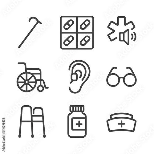Elderly Care Icons. Outline icon set of elderly care support: walking cane, pill dispenser, medical alert, wheelchair, hearing aid