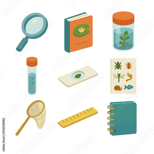 Educational Pond Icon Set. Isometric Flat icon set of educational pond study kits: magnifying glass, field guide book, specimen
