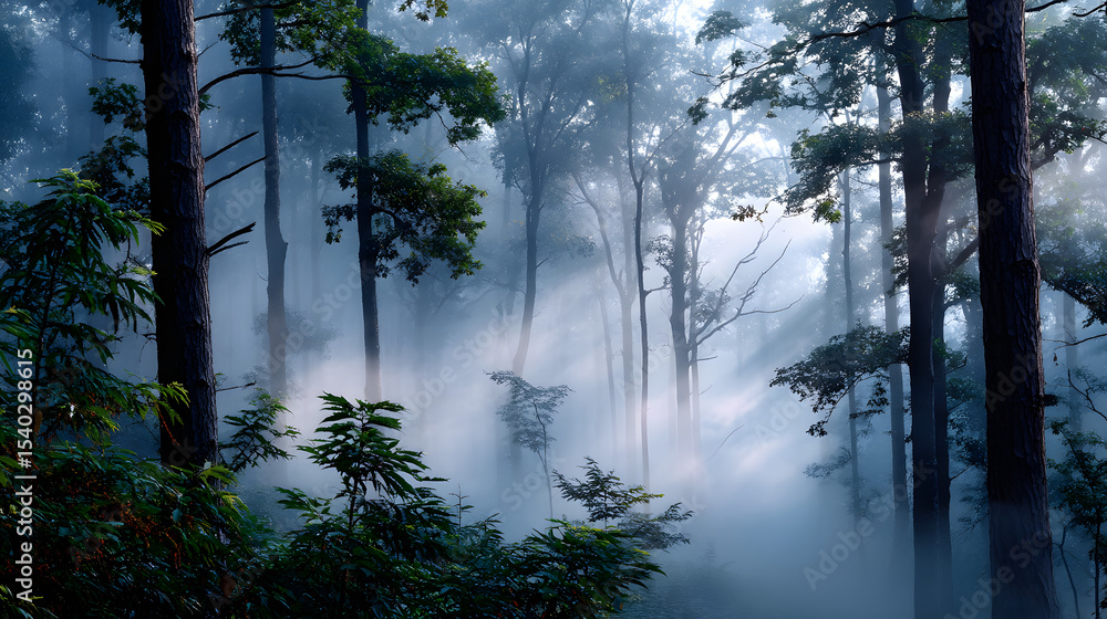 Fototapeta premium A soft pastel fog rolls through the forest, casting gentle shadows on the trees, as the mist creates an ethereal, dreamy atmosphere in the woodland.