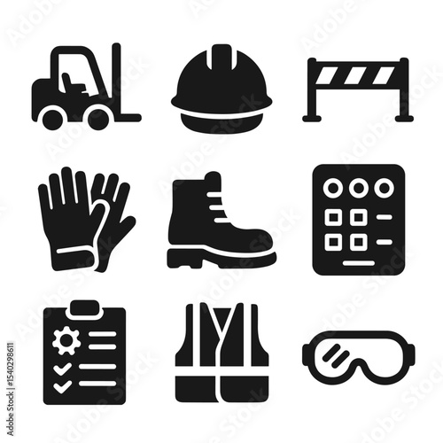 Heavy Machinery Icons. Solid, filled icons set of heavy machinery operation: forklift icon, safety helmet,