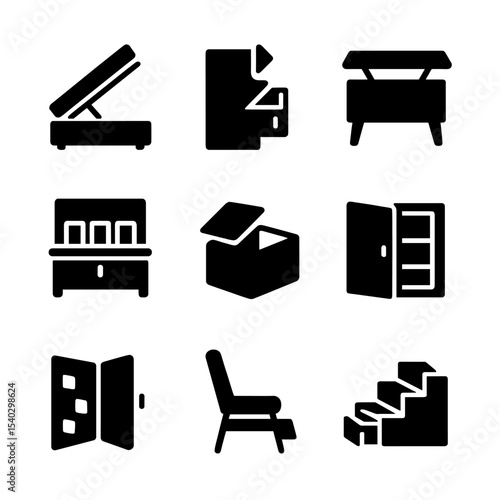 Hidden Storage Icons. Solid, filled icons set of hidden storage furniture: storage bed, hidden drawer,