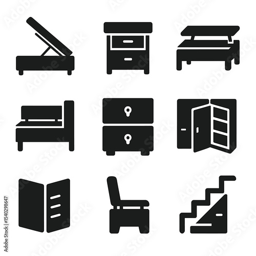 Hidden Storage Icons. Solid, filled icons set of hidden storage furniture: storage bed, hidden drawer,